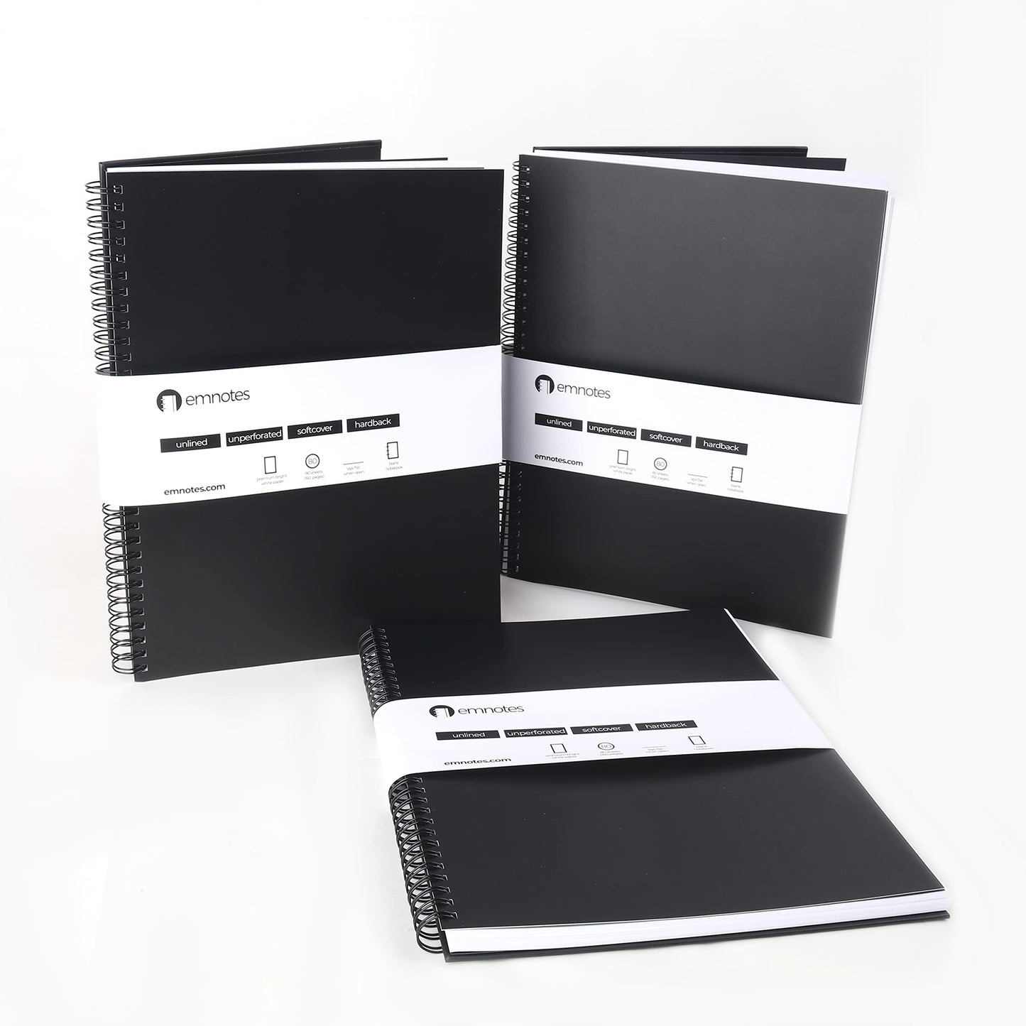 Emnotes Unruled Notebook, Unlined Blank Paper, 8.5 x 11 Inches, 80 Sheets, Black Softcover (Pack of 3)