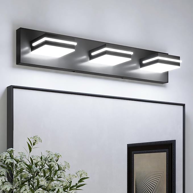 VOLISUN Modern Bathroom Vanity Light Fixtures (3-Light, 24-Inch), Matte Black LED Bathroom Lighting Fixtures Over Mirror, 360°Rotable Head, LED Vanity Lights for Bathrooms (Cool White 6000K)