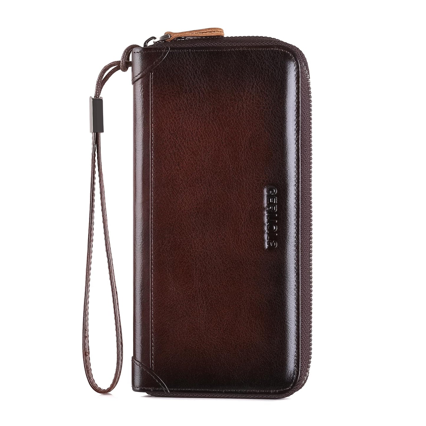 Men's Genuine Leather Zipper Wallet with RFID Blocking, Phone Pocket,Long Zipper Pouch Wallet (Coffee)