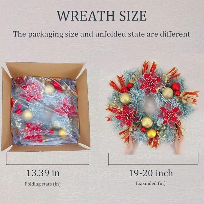 20 Inch Christmas Wreath for Front Door, Artificial Golden Glitter Wreath with Red Poinsettia Flowers Balls Ornaments for Door Wall Window Fireplace Party Decor