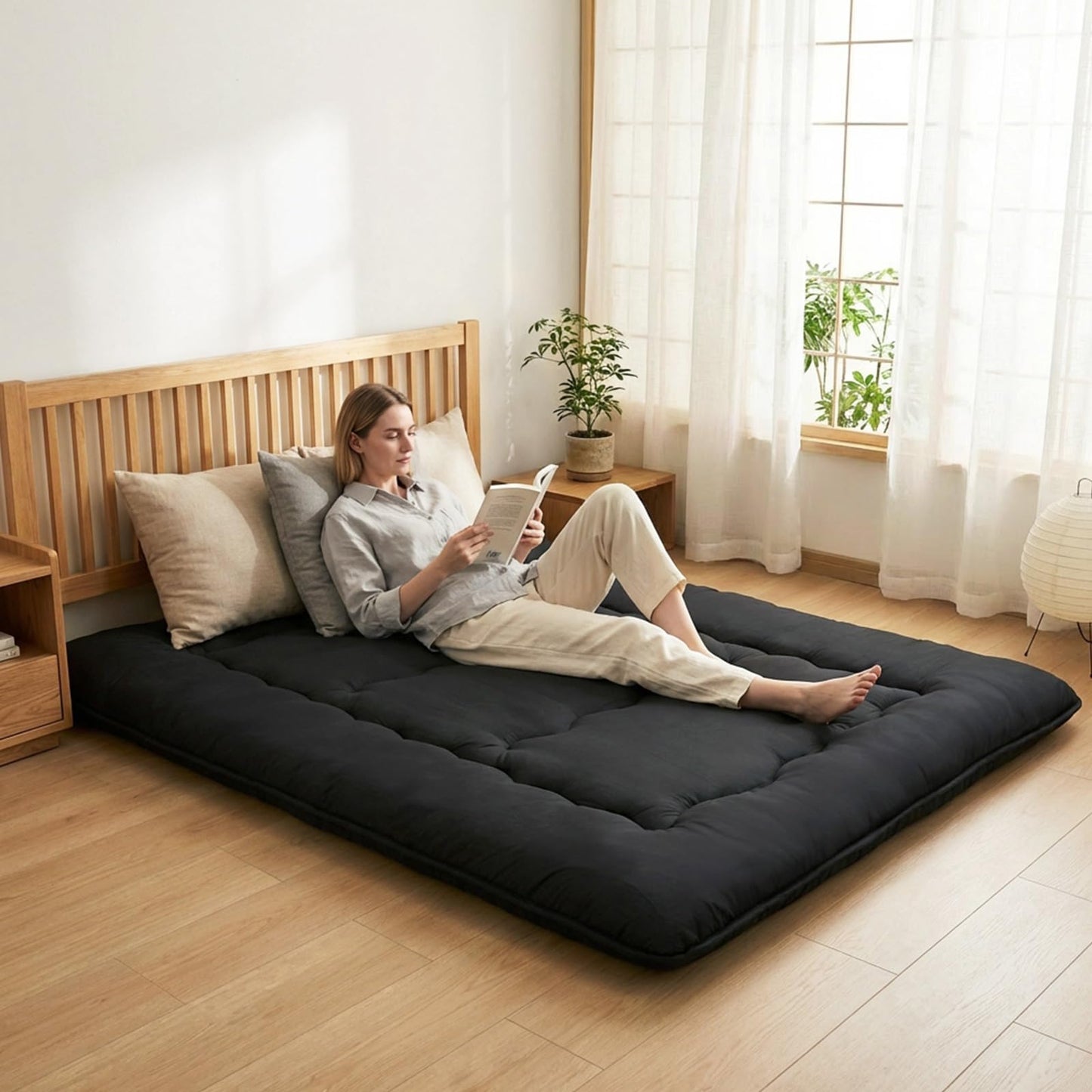 DUMOS Japanese Floor Mattress Queen Size, Futon Mattress Foldable with Removable Washable Cover, Portable Roll Up Tatami Mat for Small Bedroom, Couples, Family Movie Night and Home Use, Black