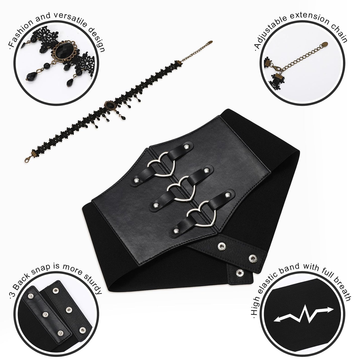 JKEEMI Women Corset Belt With Black Choker Set,Heart-Ring Wide Elastic Waist Goth Leather Corset for Daily Cosplay Halloween Costume Gifts
