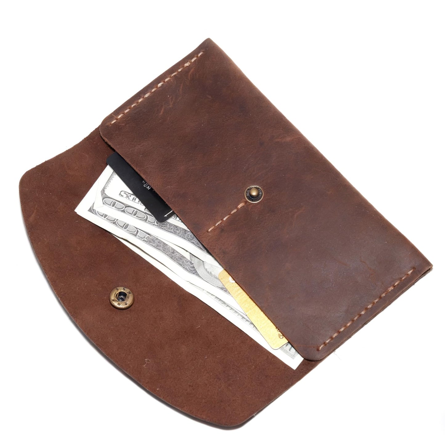 Handmade Crazy Horse Genuine Leather Envelope Wallet, Card Holder with 2 Card Slots Vintage Slim Hand-Stitched Wallet