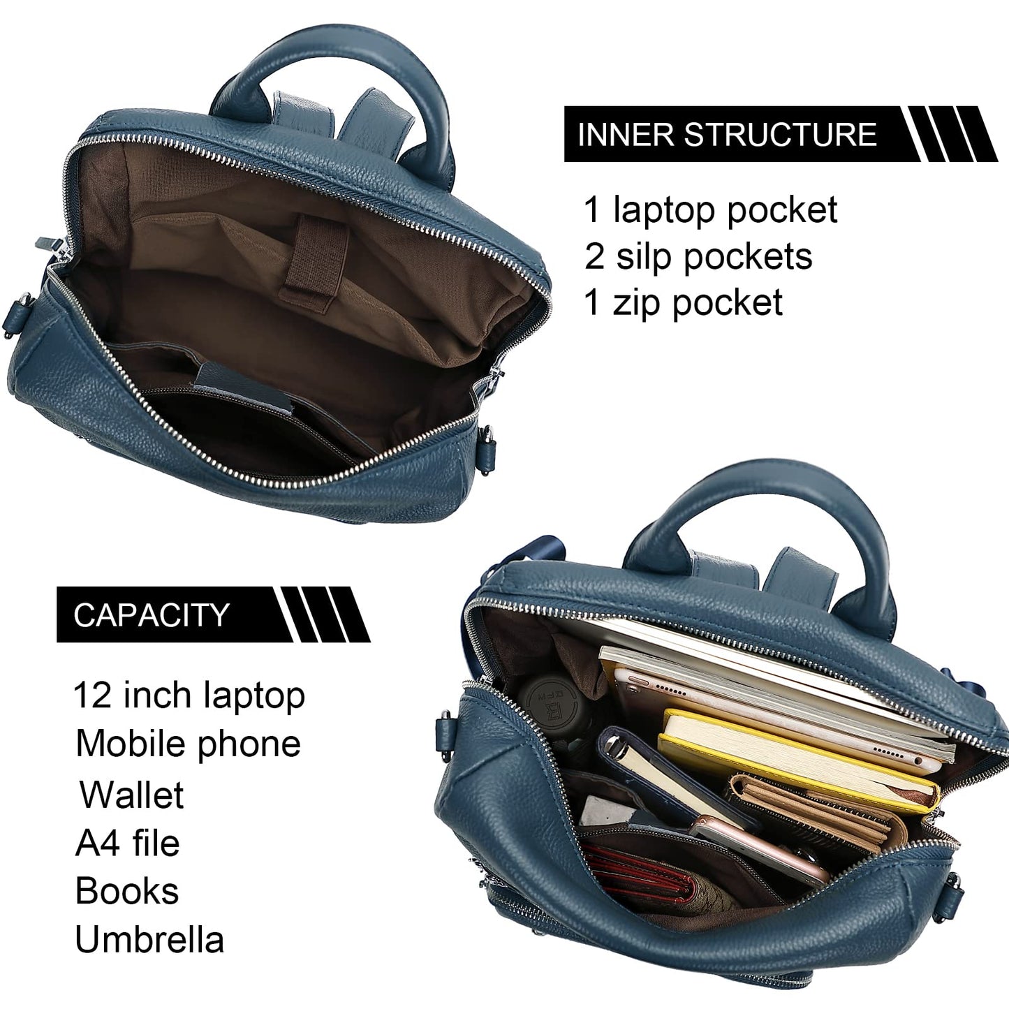 ALTOSY Genuine Leather Backpack Purse for Women Large Shoulder Bag With Laptop Compartment Multiple Pockets(S106 Indigo Blue)