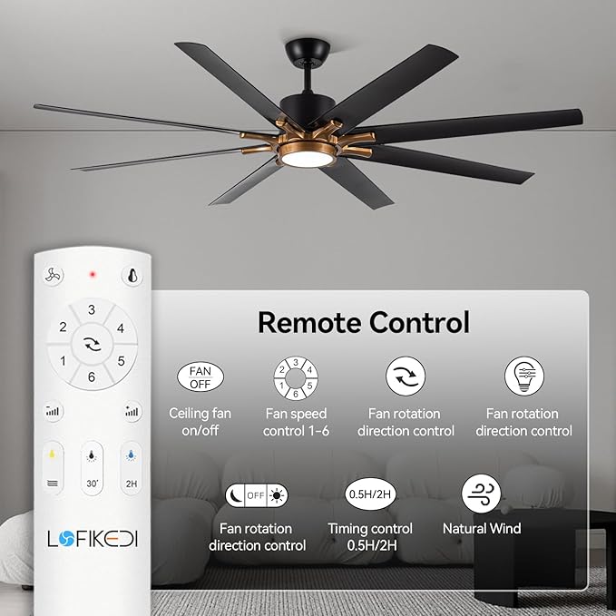 72 Inch Large Ceiling Fan with Light and Remote Control, 8 Blades Modern Ceiling Fan with Reversible DC Motor, Stepless Dimmable, Quiet for Indoor Use, Black and Gold