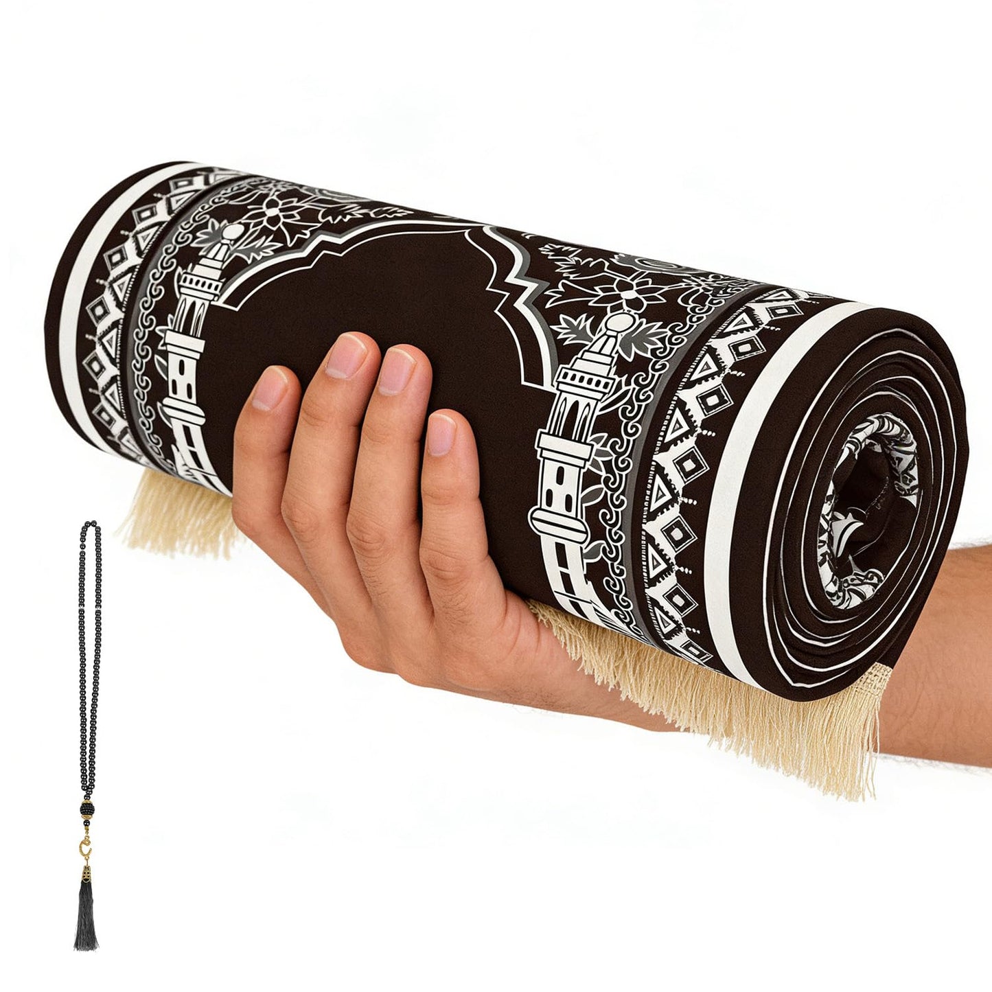 Silkovahamd Prayer Mat Ramadan Gifts - Portable Black Prayer Rug Islamic Muslim Tasbih Beads, Praying Carpet for Islamic Man Women Eid Salah Namaz Meditation Decorations for Home