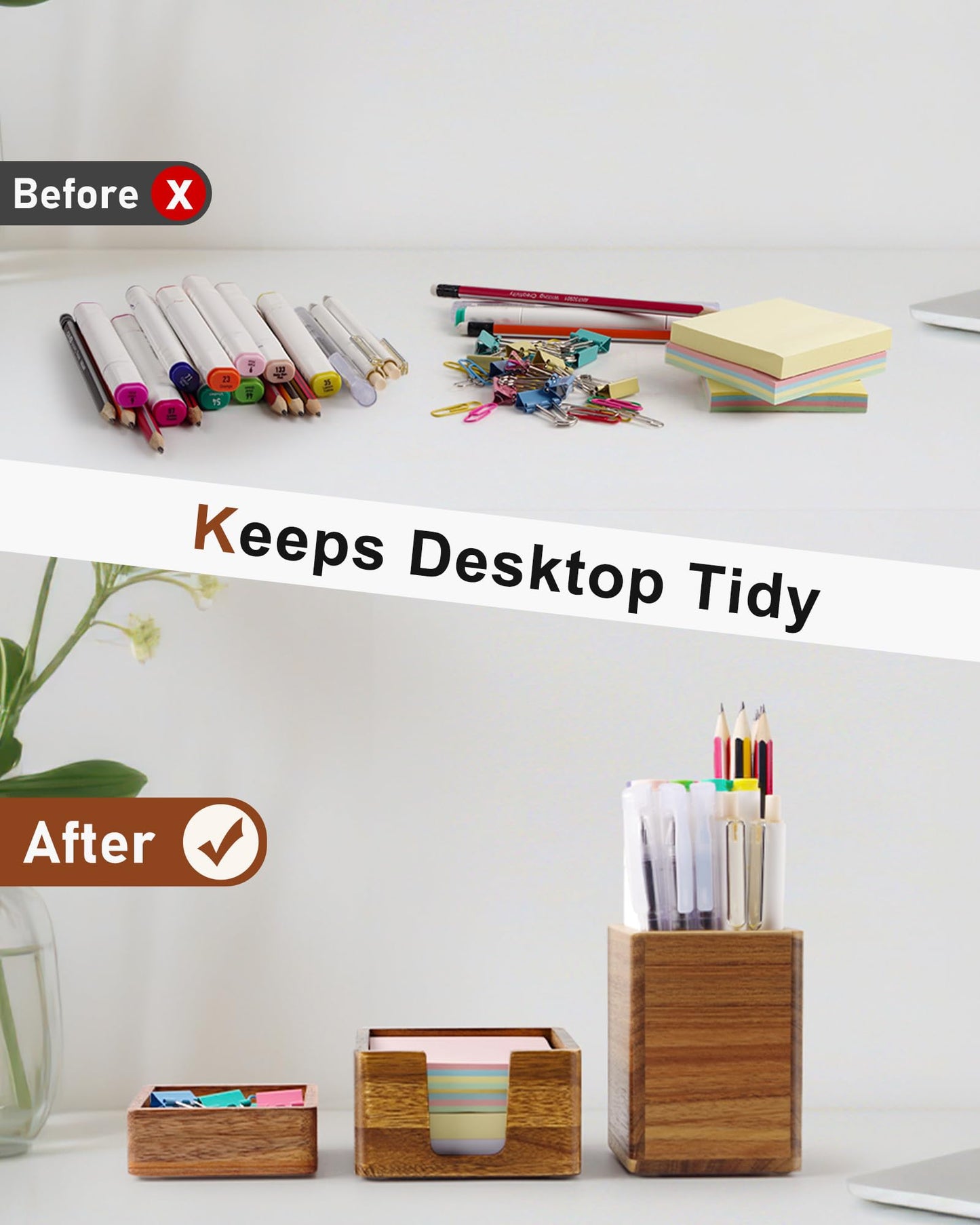 SWKHDKX Acacia Wood Desk Organizer Set with Sticky Note Holder, Pencil Pen Cup & Paper Clip Storage, Office Desk Accessories for Marker Craft (Set of 3)