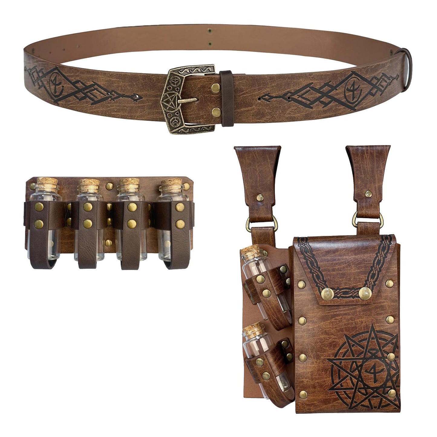 EpicCos 3 PCs Medieval Alchemy Belt Waist Pack Combo with Multiple Potion Bottles, Viking Rivet Belt Side Pouch for Cosplay (Brown D)
