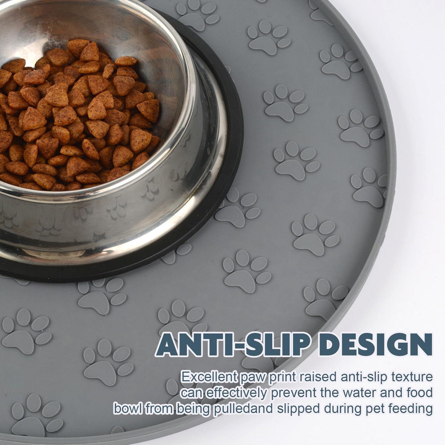 SUNLAND Silicone Dog Food Mat, Pet Feeding Mat for Food and Water, Waterproof Non-Slip Cat Feeding Bowl Mat with Raised Edge, Prevents Residue from Spilling onto The Floor Grey
