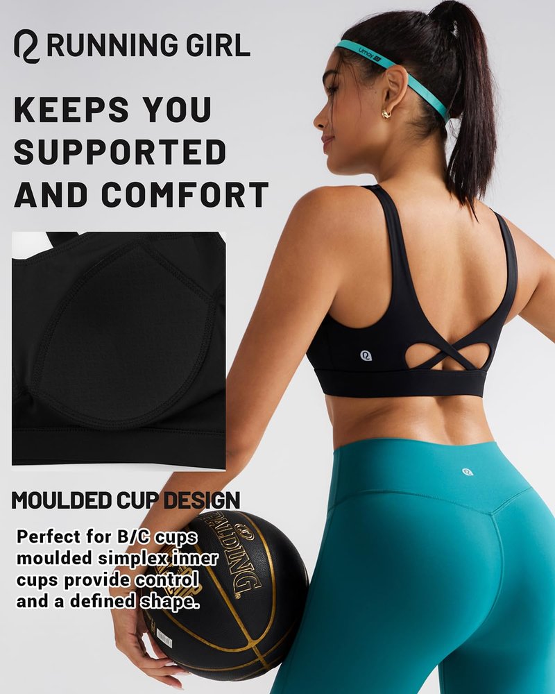 RUNNING GIRL Sports Bra for Women High Support, Molded Cup High Impact Sports Bras with Sewn in Pads Workout Running Bra(3128 Black L)