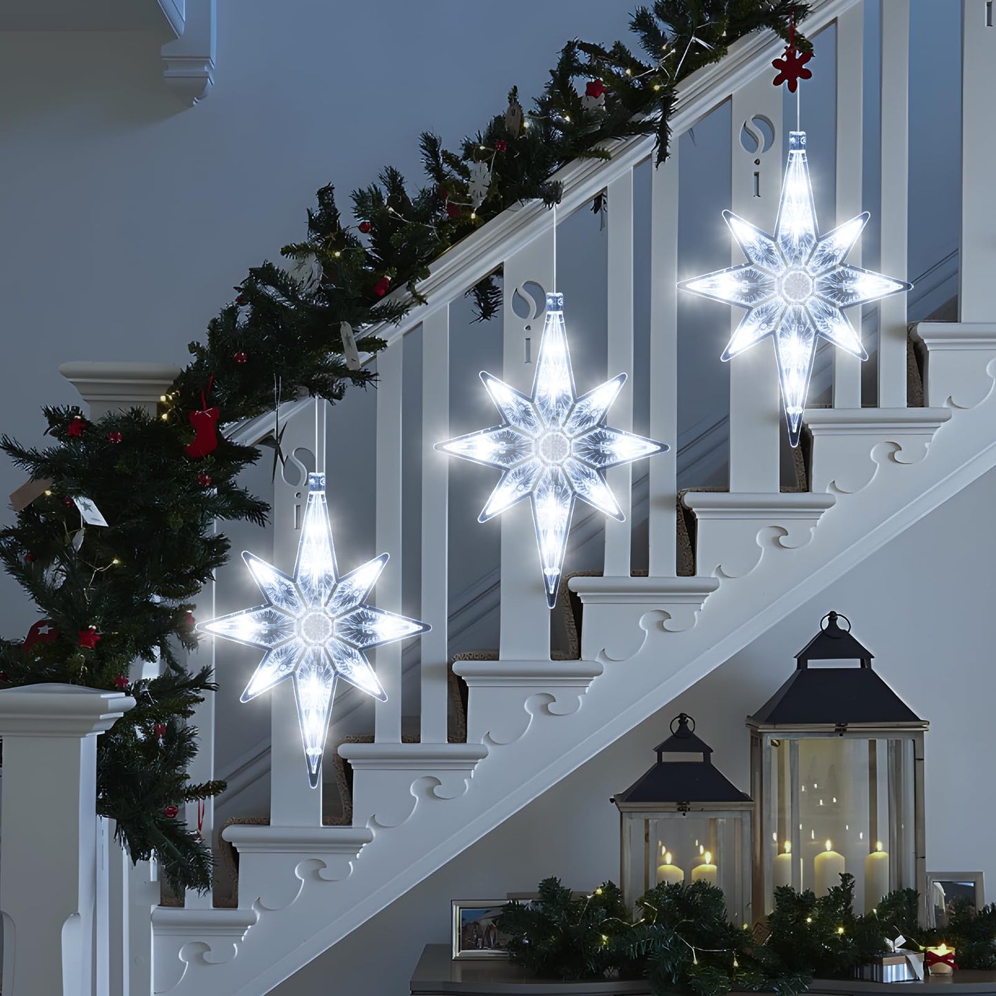 LYUBASA 3Pcs Christmas Window Lights Decorations with Timer,Battery Powered Christmas Window Hanging White Lighted Lucky Star Shaped LED Sucker Lamp for Xmas Tree Fireplace Window Indoor Outdoor Decor