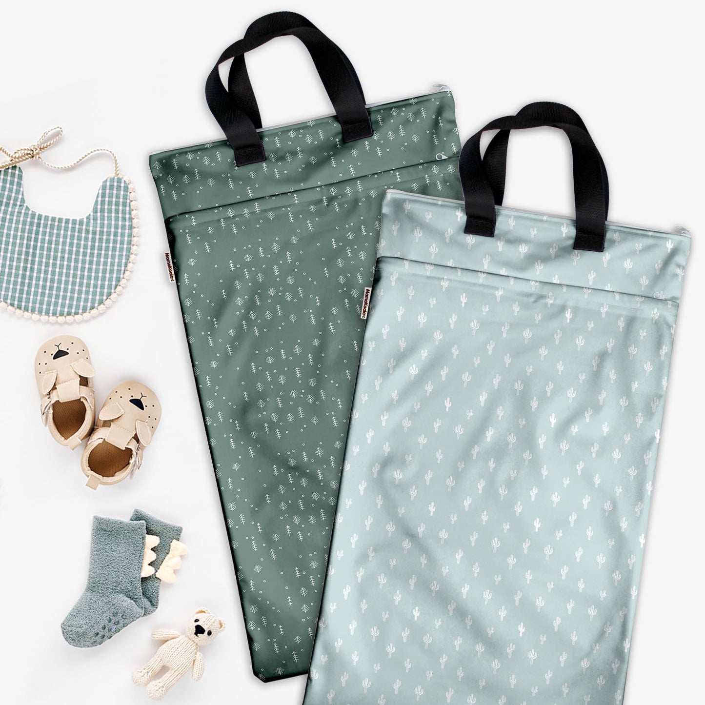 Mama Koala Reusable Hanging Wet Dry Bags for Baby Items, Cloth Diapers, Swimsuits, Travel, Gym Clothes, Beach, Pump Parts, Toiletries, Two Zippered Pockets, 2 Pack (W005L)