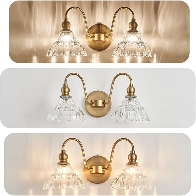 Antique 2-Light Wall Sconce Modern BathroomVanity Light Gold Wall Light Made of Metal Body and Pressed Patterned Glass Retro Vanity Light for Bedroom, Bathroom, Doorway, Foyer, Hallway