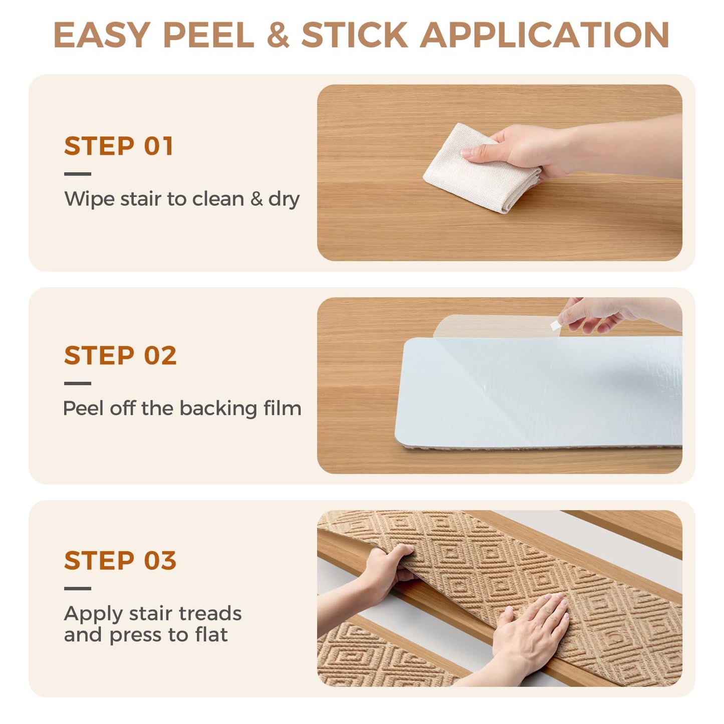 BAGAIL 15 Pack Non-Slip Stair Treads for Wooden Steps, 8"x30" Peel and Stick Carpet Stair Runners, Machine Washable Indoor Step Covers with No-Residue Adhesive for Dogs, Kids & Elderly - Beige