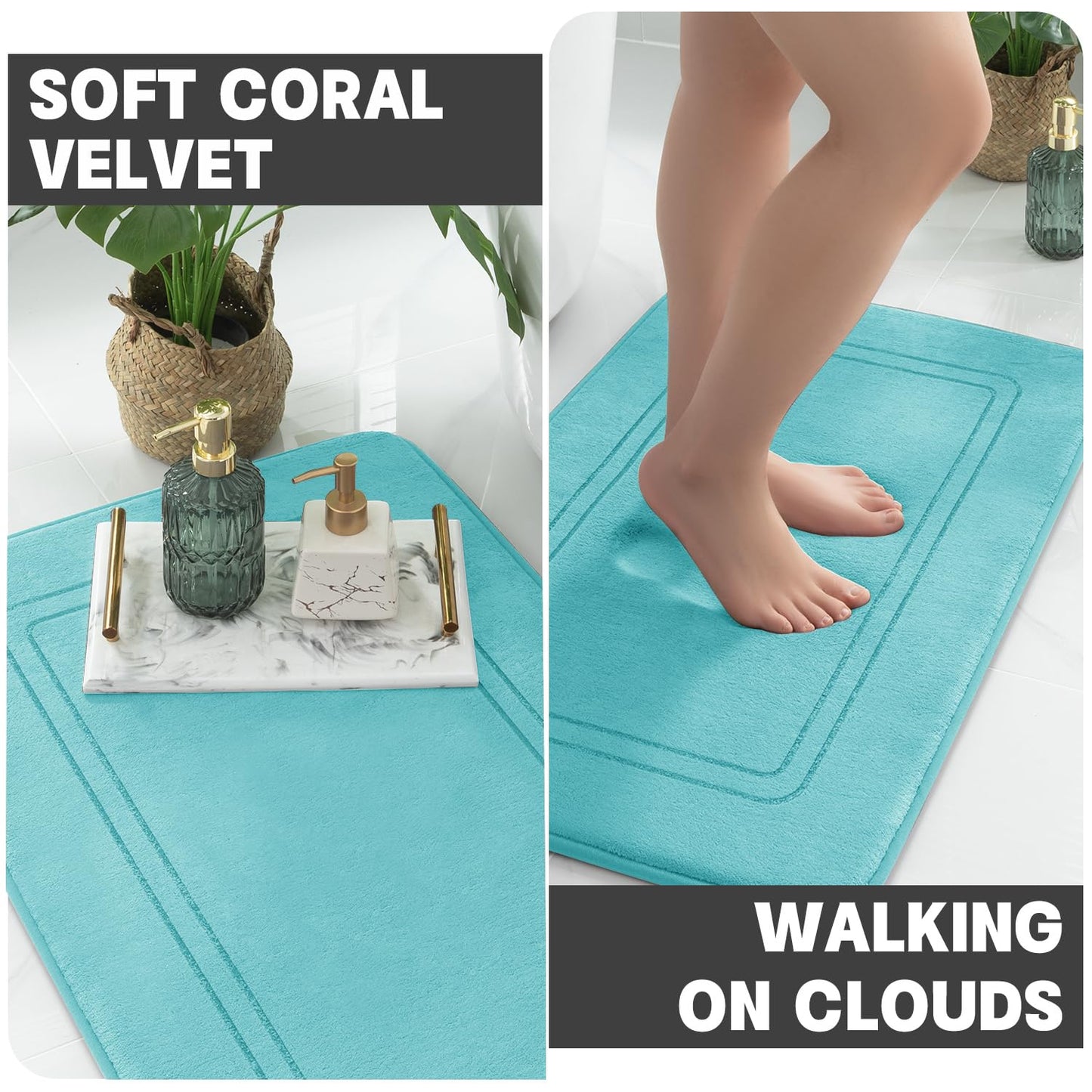 YIHOUSE Memory Foam Bath Mat Set, Bathroom Rugs Sets 3 Pieces, Non Slip Bath Mats for Bathroom, Super Soft and Water Absorbent Bath Rug Sets, Machine Washable U Shape Toilet Mats Set,Teal