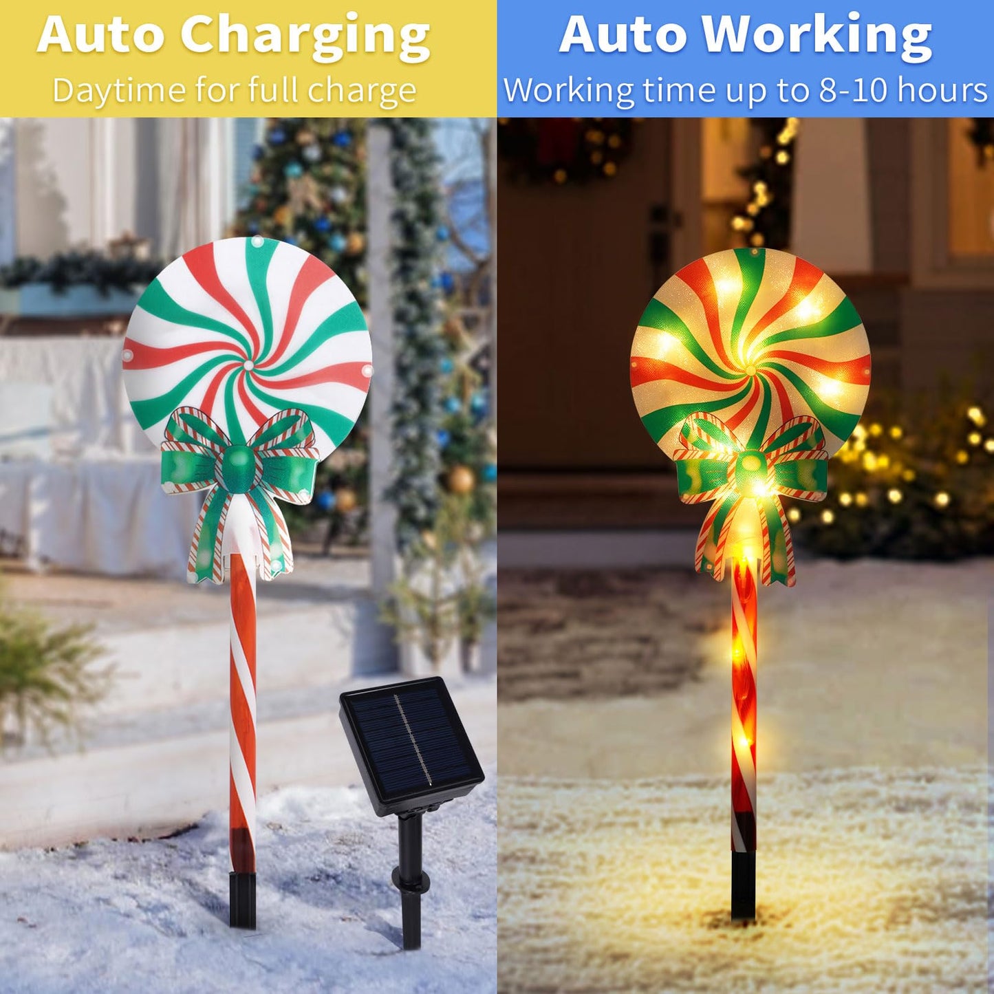 Set of 3 Solar Christmas Lights Decorations with 8 Lighting Modes, Solar Lollipop Pathway Stakes Lights, Outdoor Christmas Decor for Garden, Yard, Porch (Xmas Lollipop)