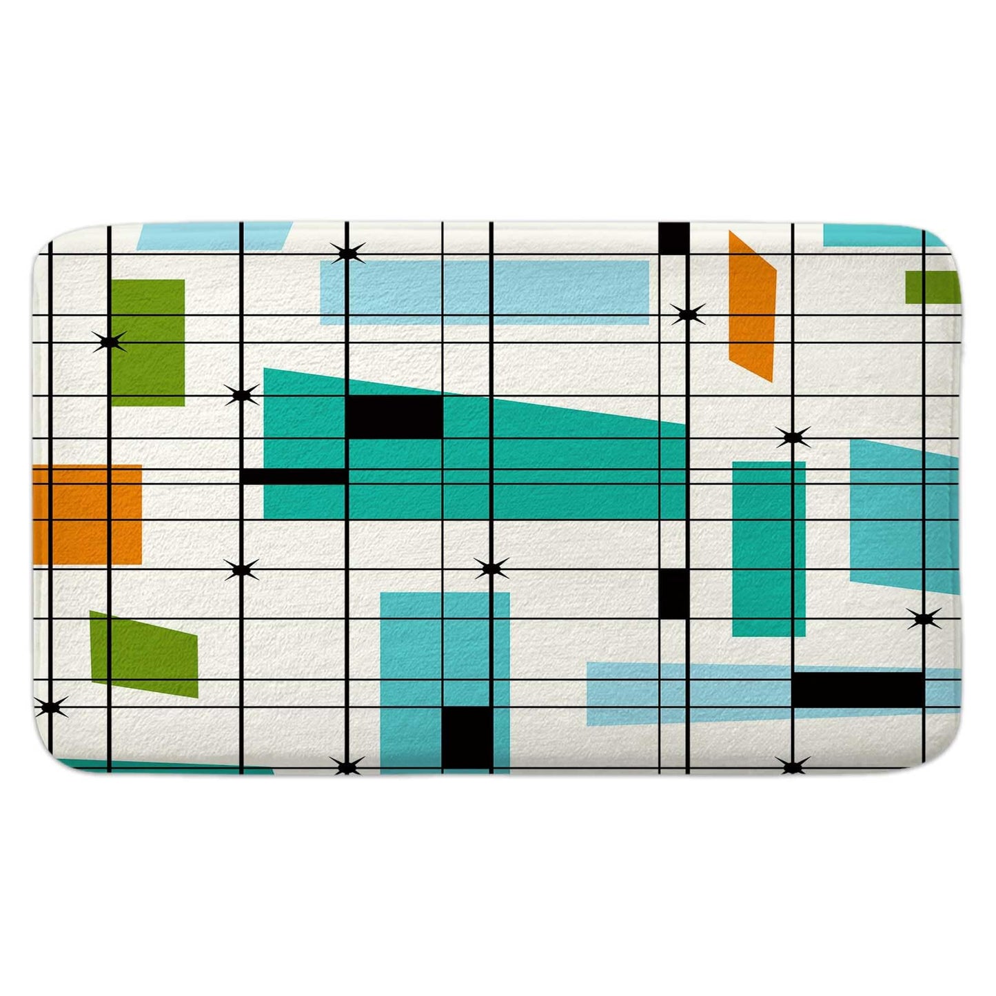 DYNH Mid Century Bath Rug Mat, Aesthetic Abstract Geometric Mid Century Bath Mat Rug, Teal Retro Grid Starbursts 1950S 1960S MCM Modern Minimalist Floor Rug mat for Kitchen/Bathroom,16X24
