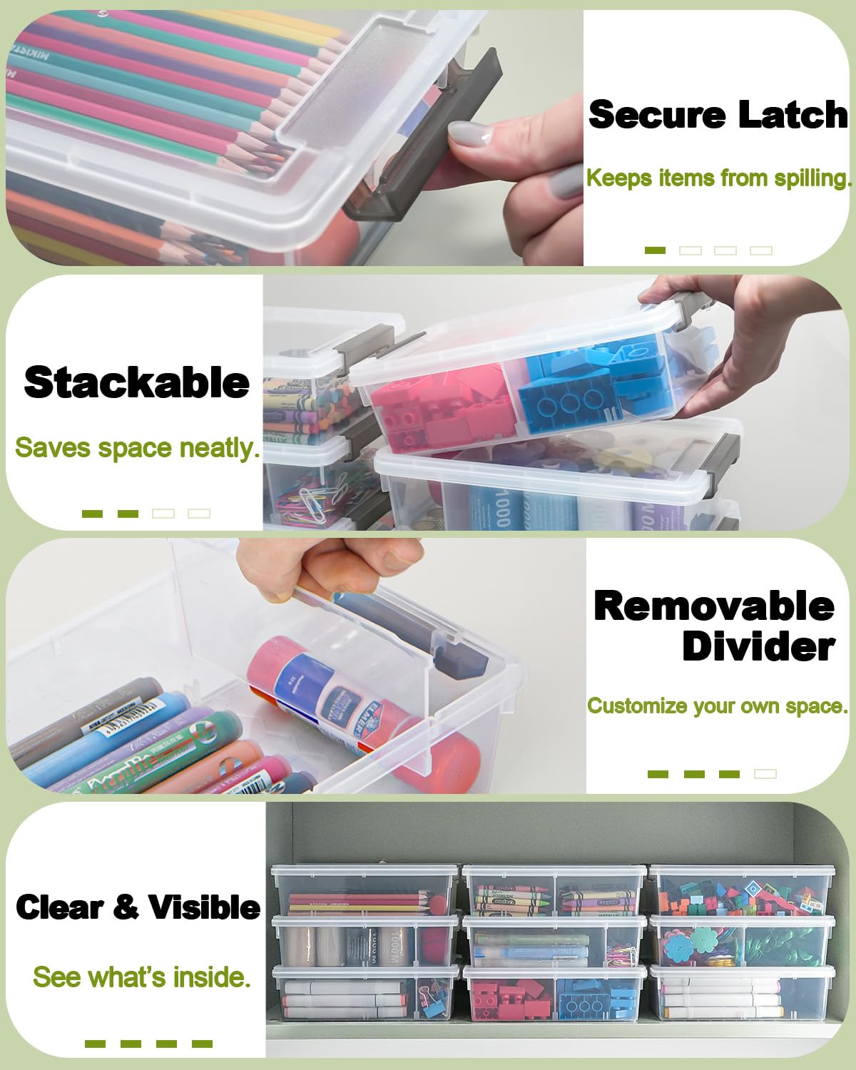 GEOPHIA 6 Pack Extra Large Pencil Box with Removable Divider, Thickened Pencil Case Bulk, Clear Crayon Marker Organizer Stackable Plastic Small Storage Containers for Pen Craft School Supplies(Grey)