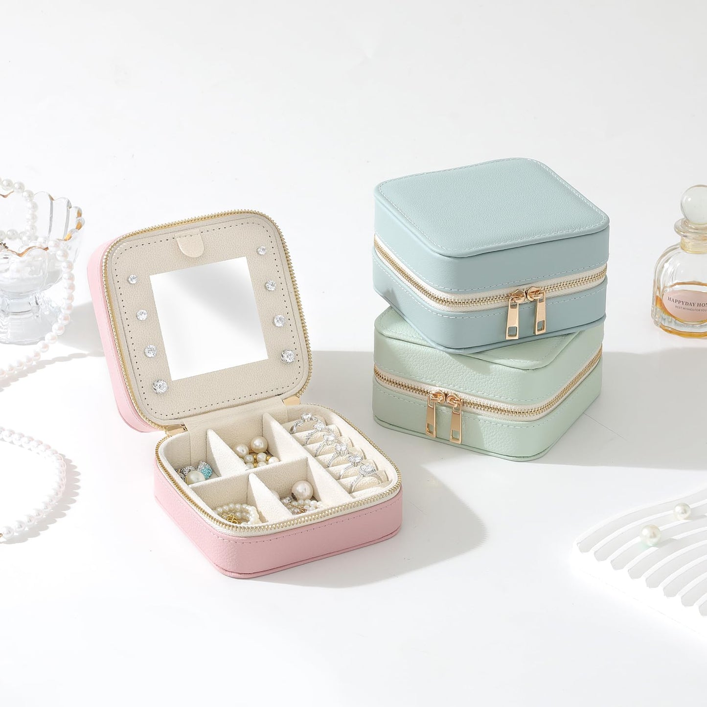 NGVRC Genuine Leather Travel Jewelry Organizer Case with Mirror for Women, Small Mini Portable Jewelry Box for Ring Earrings Necklace Bracelet Luxury Gift for Women(Mint Green)