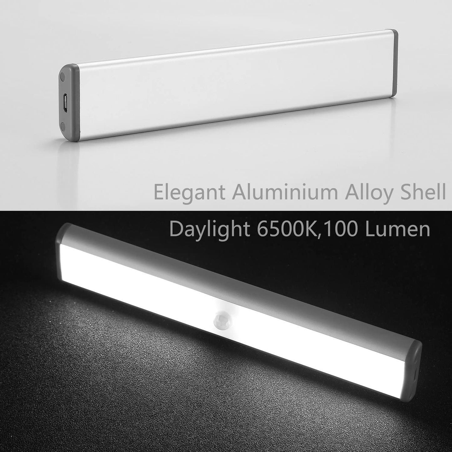 Moston 10 LED Magnetic Motion Sensor Wardrobe Closet Lights,Auto On/Off Under Cupboard Cabinet Lighting,Rechargeable Battery Powered Sensing Night Light,Stick-on Anywhere (Silver Aluminium,2 Pack)