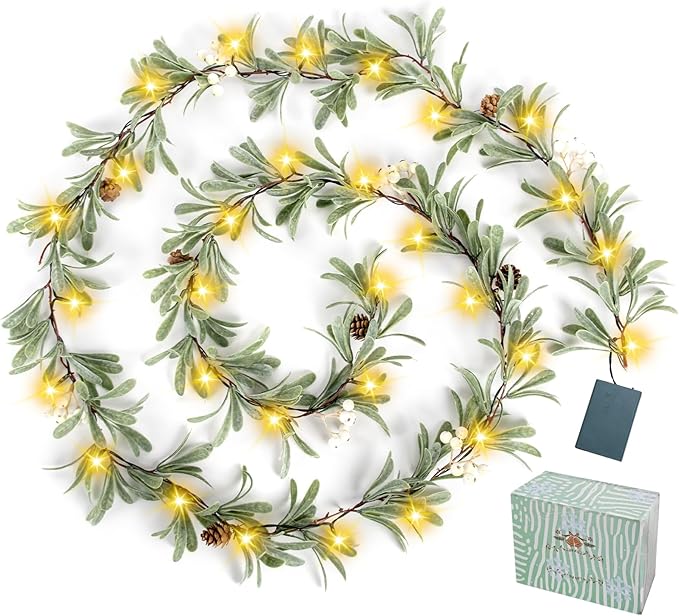 6ft Christmas Garland with Lights – Artificial Greenery Olive Garland with White Berries, Pinecones & Warm LED Fairy Lights – Holiday Garland for Home, Wedding, Party Decorations