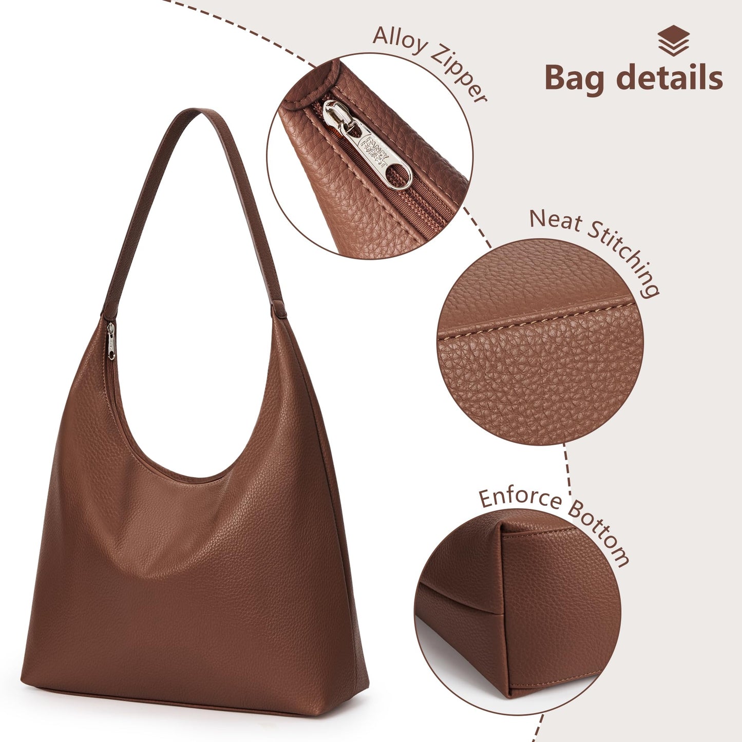 KALIDI Casual Tote Bag Vegan Leather Hobo Zipper Work Bag Weekender Shoulder for Women Shoulder Travel Purse (Dark Coffee)