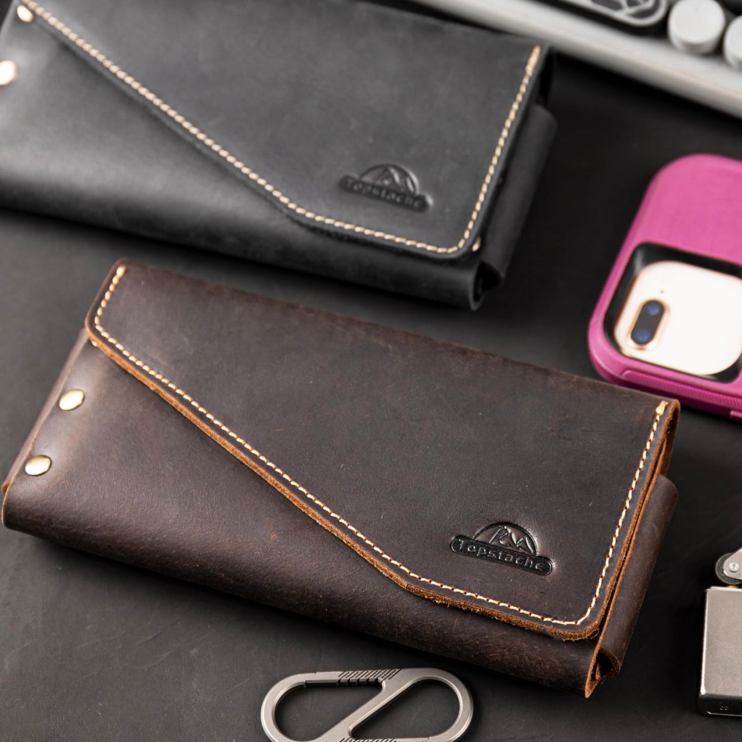 Topstache Leather Phone Holster - Leather Belt Pouch with Card Holder for Galaxy S25/S24 - Magnetic Closure Belt Loop Cell Phone Holder Pouch for iPhone 17/17 Pro/16/16 Pro, L,Darkbrown