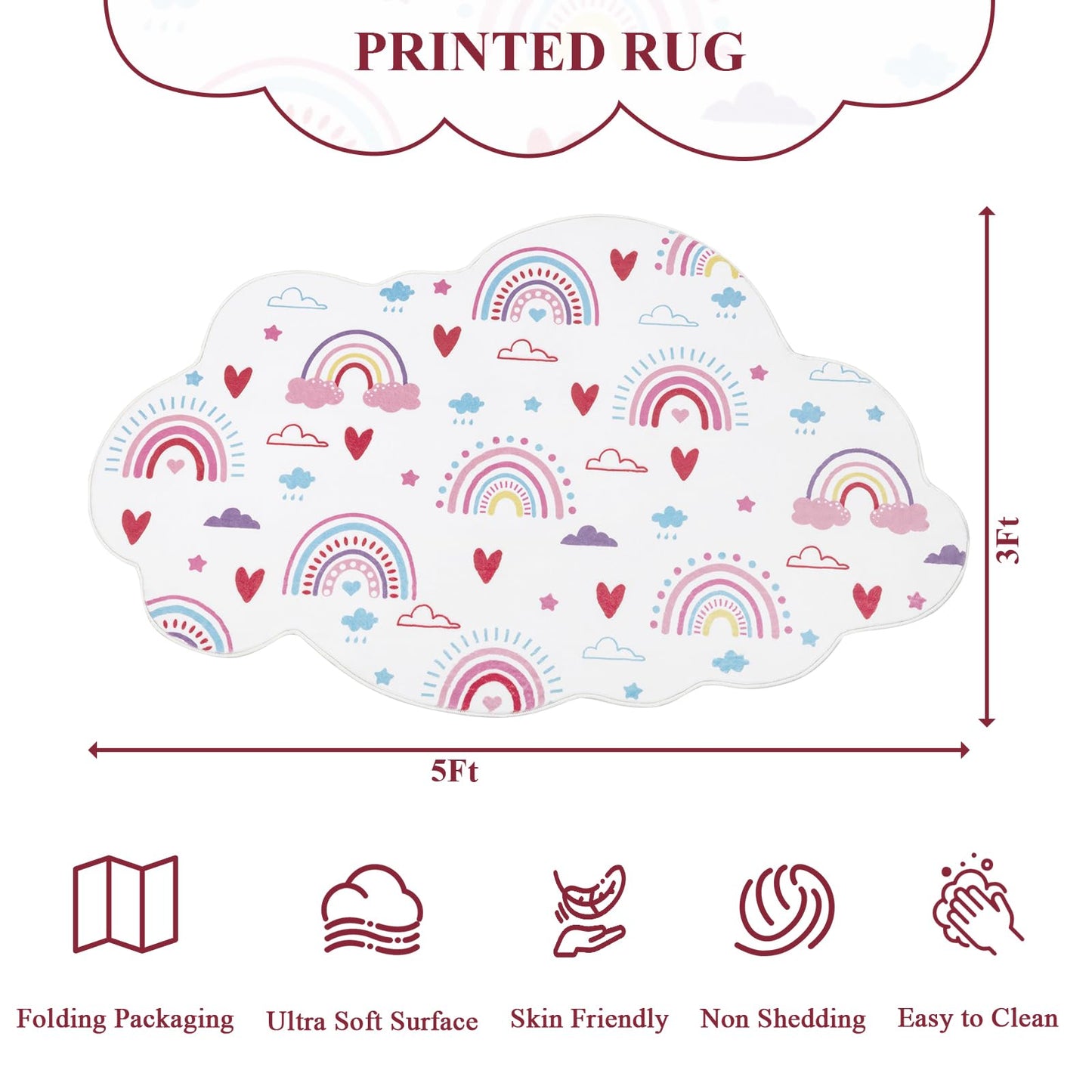 HiiARug Rainbow Small Rug for Kids Room, Pink White Fluffy Soft Decorative Floor Mat, Cloud Shape Washable Rugs for Girls Bedroom, Tent Castle,Bathroom,Nursery, Daycare (3'x5', Pink Rainbow)