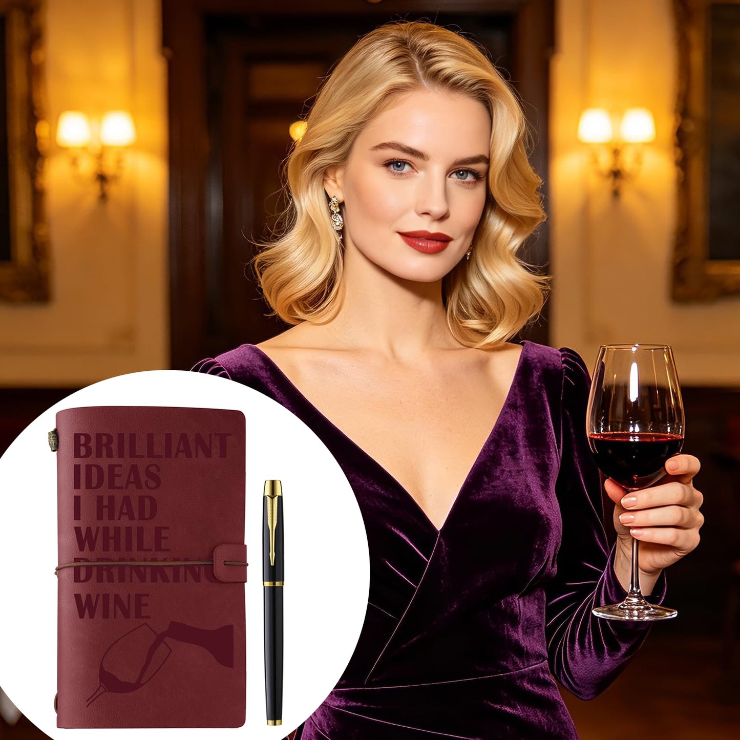 Muzuis Wine Gifts for Wine Lovers Leather Journal Notebook with Pen for Men Women Refillable Notebook, Sketchbook, Travel Diary