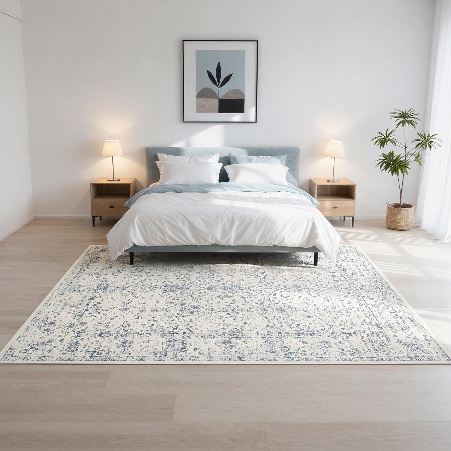 Lbris Washable Rugs 8x10 Area Rugs for Living Room- Large Vintage Rugs for Bedroom,Dining Room,Ultra Soft Low Pile Foldable Carpet with Non Slip Rubber Backing,Neutral Accent Rug(White-Blue)
