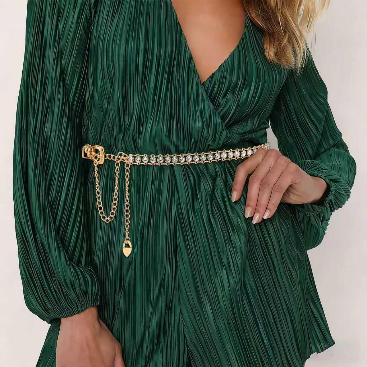 YooAi Chain Belts Leather Waist Belt for Women Layered Metal Chain Belt Gold Buckle Gold Rhinestsone 130 XL/2XL