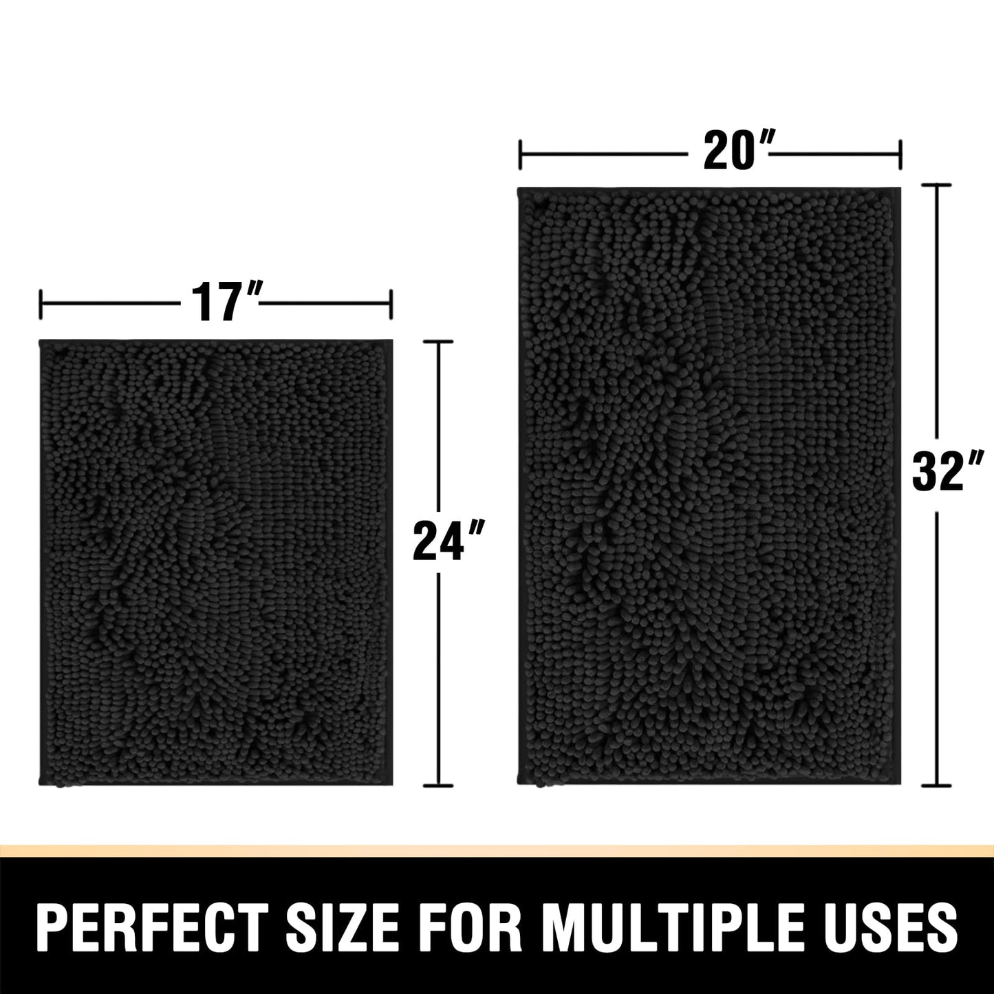 H.VERSAILTEX Black Bathroom Rug Set 2 Piece, Bath Mats for Bathroom Floor, Super Thick Soft Shaggy Chenille Bath Mats Machine Washable, Dry Fast Water Absorbent Bath Mats(20" x 32"/17" x 24")