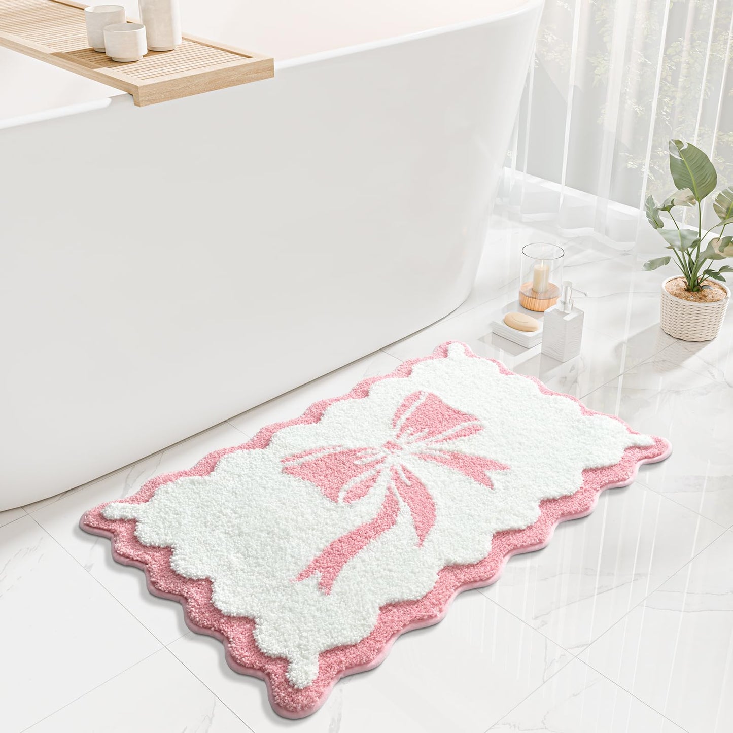 Anybar Bow Bath Mat Pink White Bathroom Rug Cute Scalloped Rugs Non Slip Floor Carpet Microfiber Bathmat Soft Super Absorbent Machine Washable Bathmat for Shower Scallop Bathroom Mats(20x32 inch)