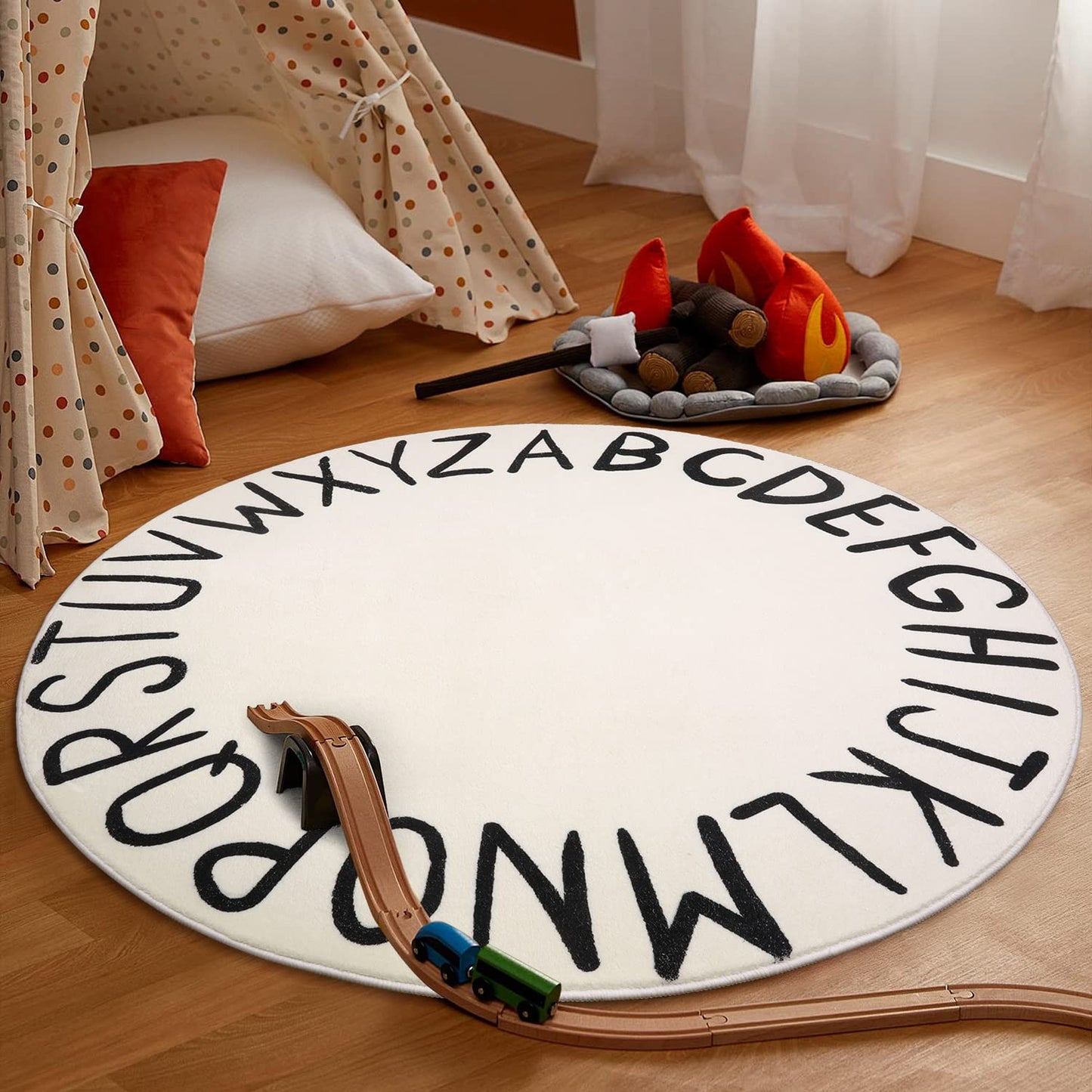 LIVEBOX ABC Play Room Round Rug Alphabet Play Mat, Circle Washable Rug Educationa Nursery Rug for Baby Boy and Girl Room, Non-Slip Learning Carpet for Children Playroom Classroom (47",Black,Beige)