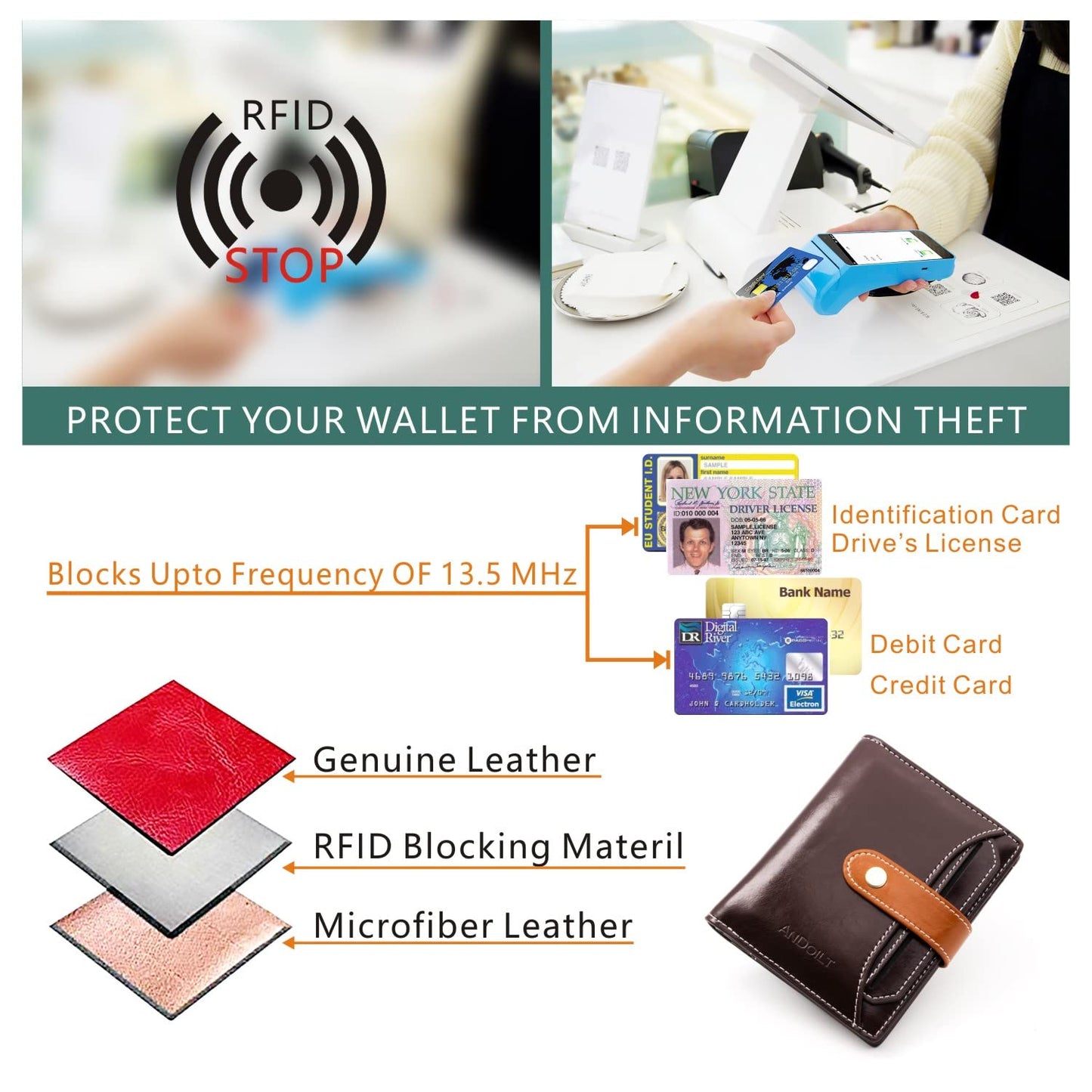 ANDOILT Wallets for Women Genuine Leather Small Bifold Wallet RFID Blocking Card Case Purse with ID Window Coin Pocket Coffee