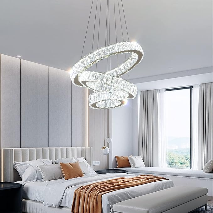 FRIXCHUR Modern LED Chandeliers Crystal Pendant Light 3 Ring Chandelier Hanging Crystal Ceiling Light Fixture Adjustable Pendant Light for Living Room Dining Room Bedroom Foyer Gold (Cool White)