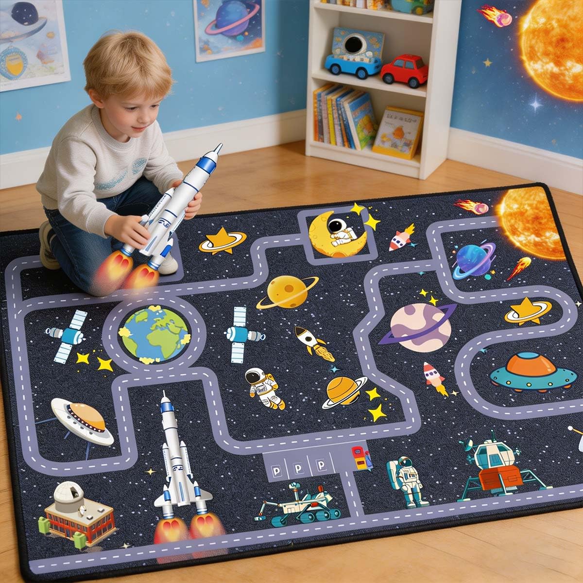 Pyrrhite Outer Space Kid Rug,Boys Car Rug for Kids Toy Cars Have Fun Safely, Non-Slip Educational City Road Rugs Carpets for Kid Room Bedroom(47×31 in