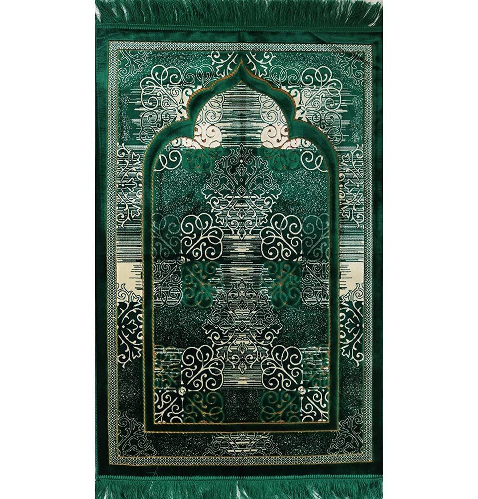 Modefa Prayer Mat | Turkish Velvet Muslim Prayer Rug Muslim Prayer Mat Islam | Soft Beautiful Prayer Rug Janamaz Sajjadah with Car Hanger | Classic Elegant Swirl (Green)