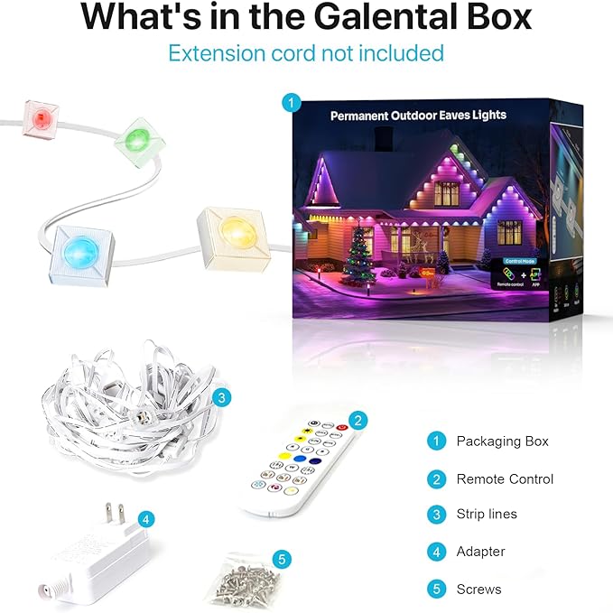 50FT RGB+IC LED Permanent Outdoor Lights, Eave Lights with Smart APP & Remote Control, 72 Scene Modes, Waterproof IP65 for Holiday Christmas Decorations(Extension Cord Not Included)
