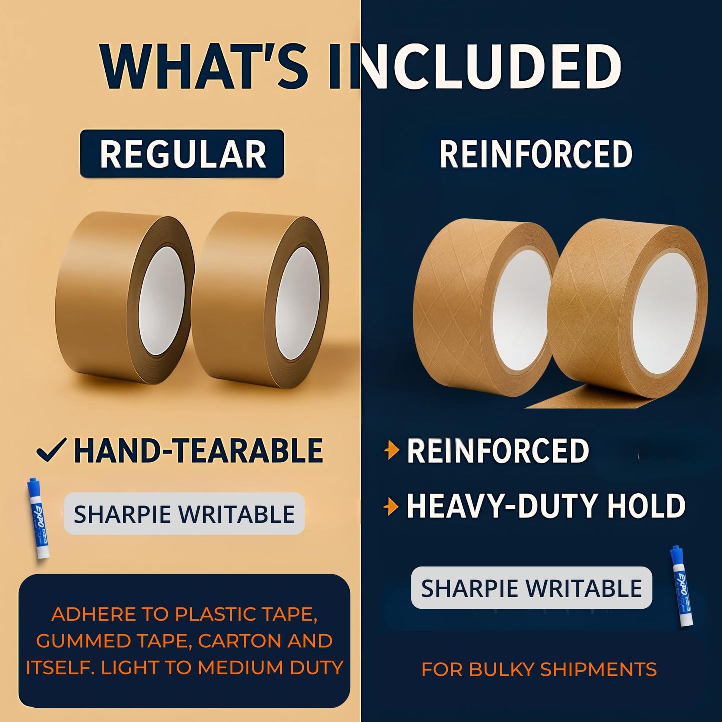 Elasticpack Packing Tape for Boxes 4-Pack β Kraft Brown Paper Box Tape, 2 Regular + 2 Reinforced Rolls for Everyday & Heavy-Duty Box Shipping, Self-Adhesive, No Water Needed, 1.88 in x 55 yd