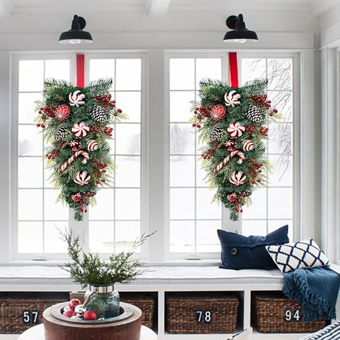 30" Christmas Teardrop Swag for Front Door Artificial Winter Swag Garland with Pine Cones, Berry Clusters, Red Ball Ornaments and Ribbons for Thanksgiving Holiday Christmas Decoration