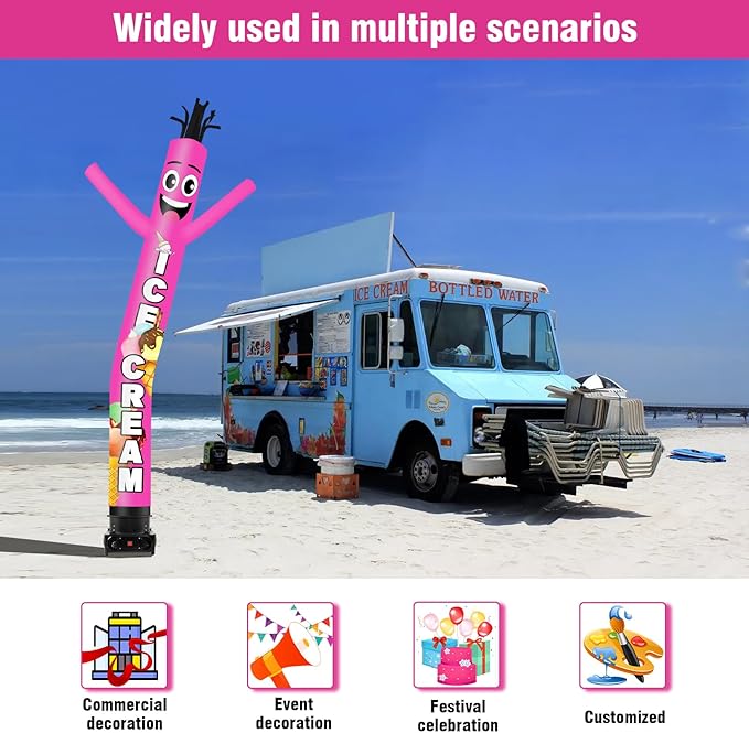 10FT Tall Inflatable Tube Man Ice Cream Wacky Wavy Dancing Guy with 3/4 HP Weather-Resistant Blower (12''Diameter) for Outdoor Decoration Advertising Business Promotion