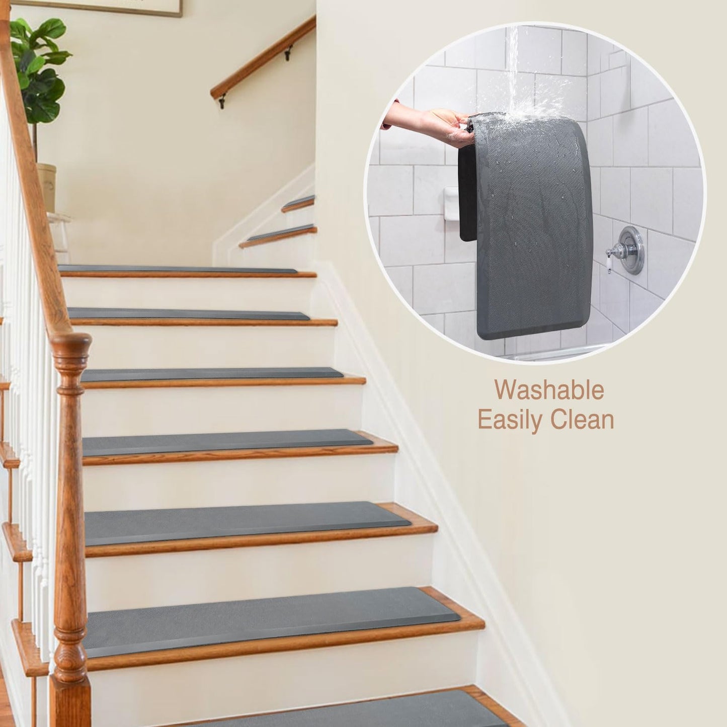 PURE ERA Cushioned Stair Mat, 8 x 30 Inch Non-Slip Stair Treads, Staircase Step Treads Foam Stair Pads, Tape Free Durable Stair Treads for Wooden Steps Washable, Easy to Clean (2 Pieces, Gray)