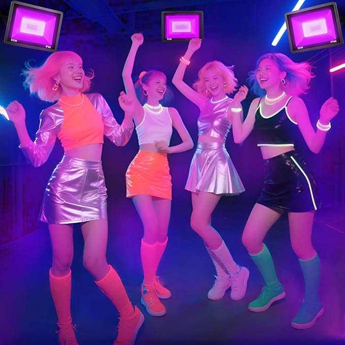 50W Black Light, 2Pack Indoor Outdoor Blacklight with Plug and Switch, Ip66 Waterproof, 365 NM UV Light for Glow Neon Party, Body Painting, Fluorescent Tapestry