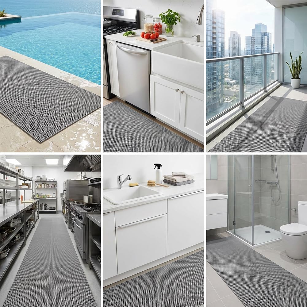 Thick PVC Drainage Floor Mat 3x10FT, Non Slip Flooring Mats Swimming Pool Bathroom Mat Anti-Fatigue Heavy Duty Commercial Floor Mats for Outdoor Balcony Garage Restaurant Sauna SPA, Grey