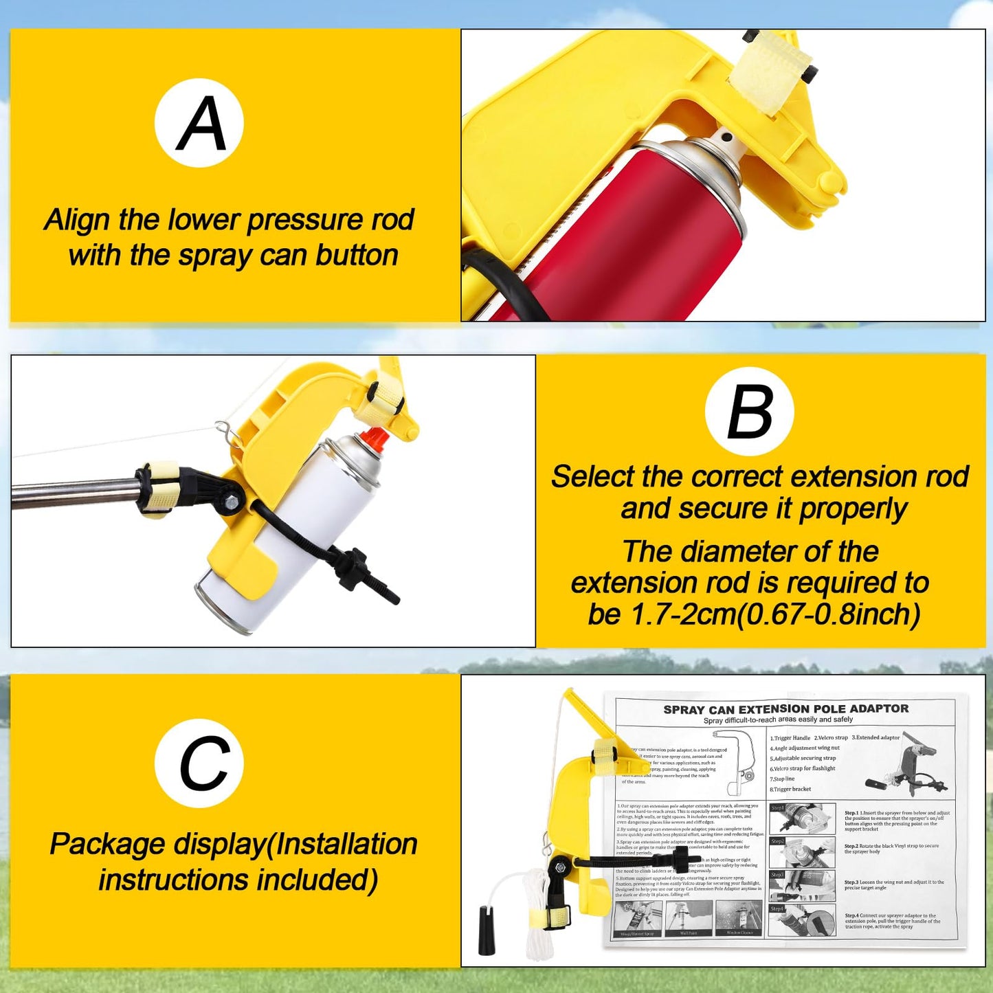 Novabright 2 Pcs Spray Can Extension Pole Adapter - Adjustable Angle Aerosol Can Trigger Handle with Pull Cord - High Reach Tool for Wasp Hornet Sprayer, Carpenter Bee Dusting & Painting (Yellow)