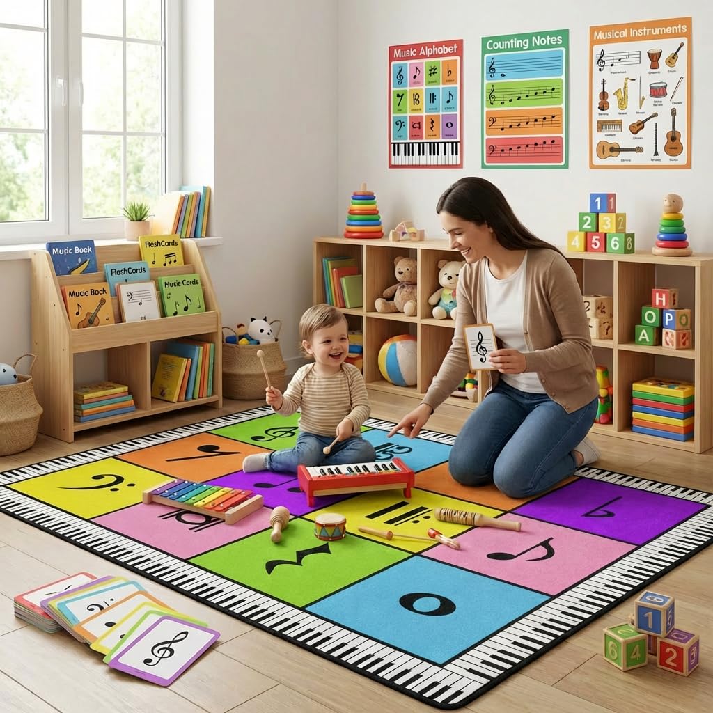 ALALAL Colorful Music Note Rug, Classroom Seating Rug with 12 Seats - 5x7 Ft Kids Playmat Rugs with Rubber Backing, Educational Carpet for Preschool Bedrooms Game Room Music Studio