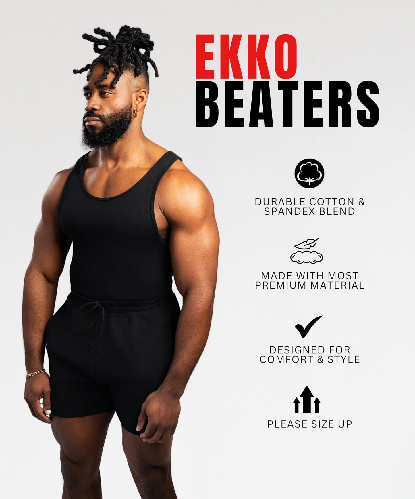 Ekkovision Beaters, Men's Tank Tops, Cotton Spandex Blend Tanks for Men, Comfortable, Durable & Stylish Ribbed Fabric, Ideal Fit for Gym or Casual Wear, Single Pack, Black, Size Large (PLEASE SIZE UP)