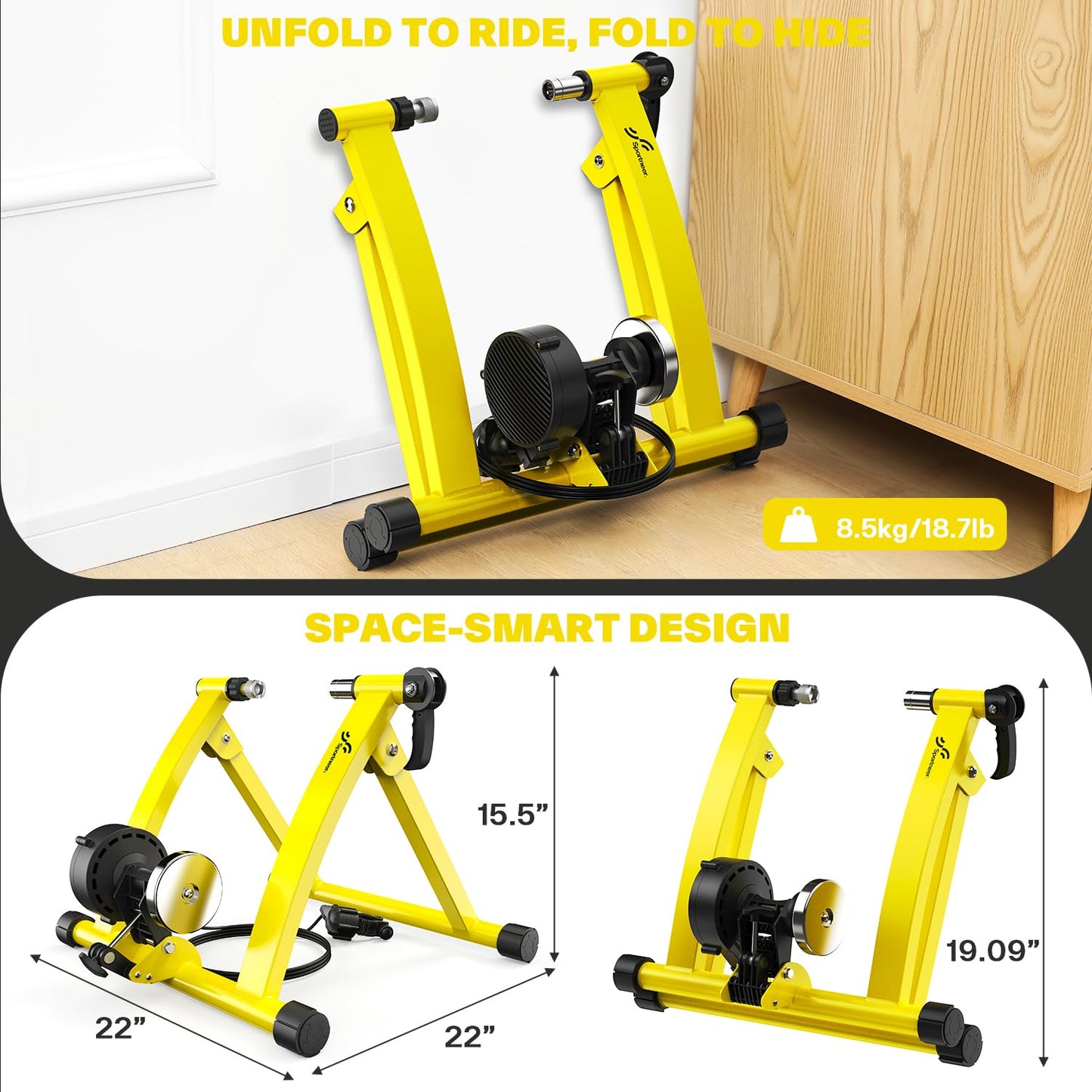 Sportneer Bike Trainer - Magnetic Indoor Cycling Trainer Stand for 26-28" & 700C Wheels, 6 Resistance Levels Stationary Bike Stand with Quick Release Lever & Front Wheel Riser Block Yellow