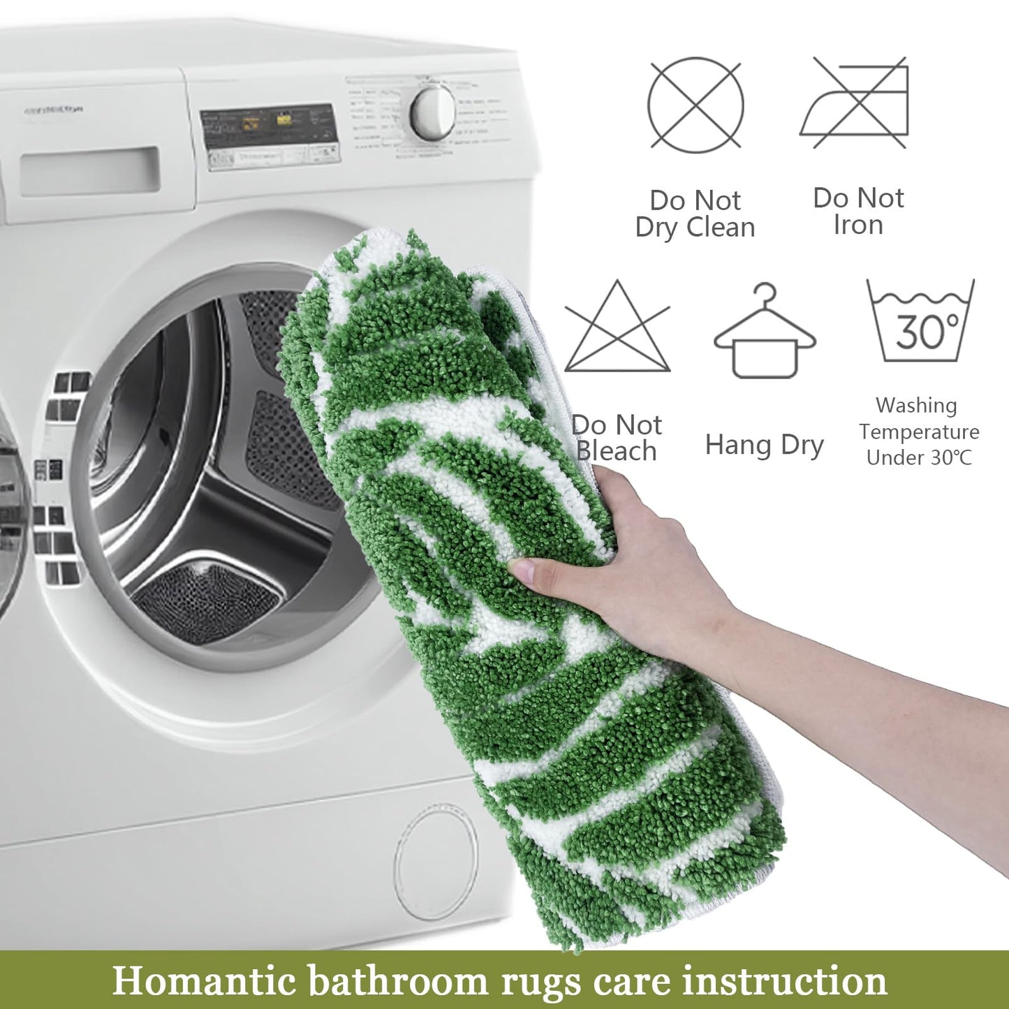 Homantic Dark Green U Shaped Toilet Mat for Bathroom Floor 24x20 Non Slip Washable Water Absorbent Cute Bathroom Decor Leaf Contour Bath Mat